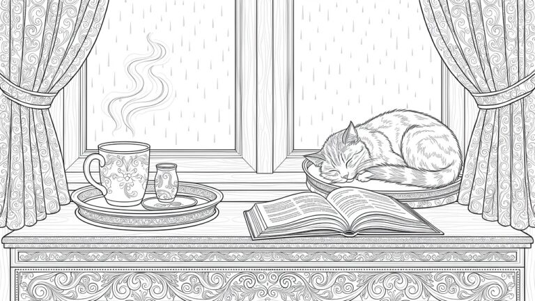 22 Gentle Cozy Coloring Sheets for Peaceful Time Line drawing of a sleeping tabby cat on a tray with mug and books on a windowsill next to a rainy window with ornate curtains and borders.
