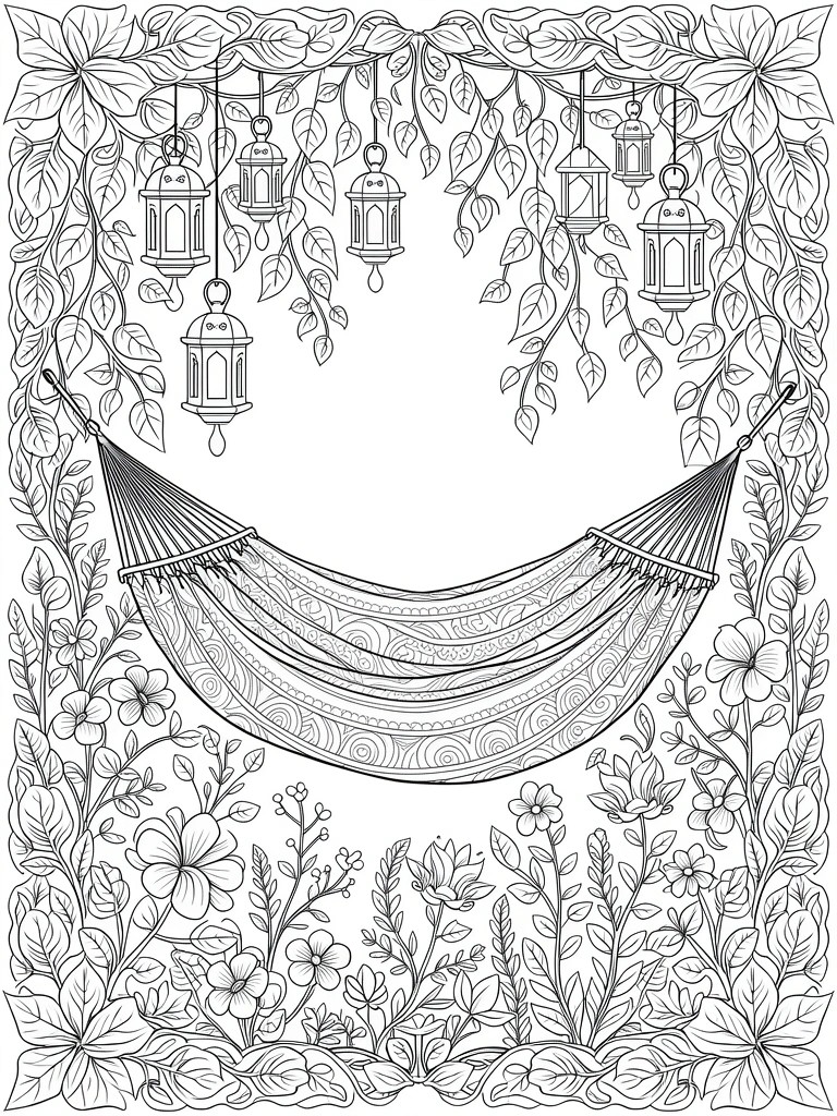 Black line art coloring page of a hammock suspended in a floral vine border with hanging lanterns and flowers.