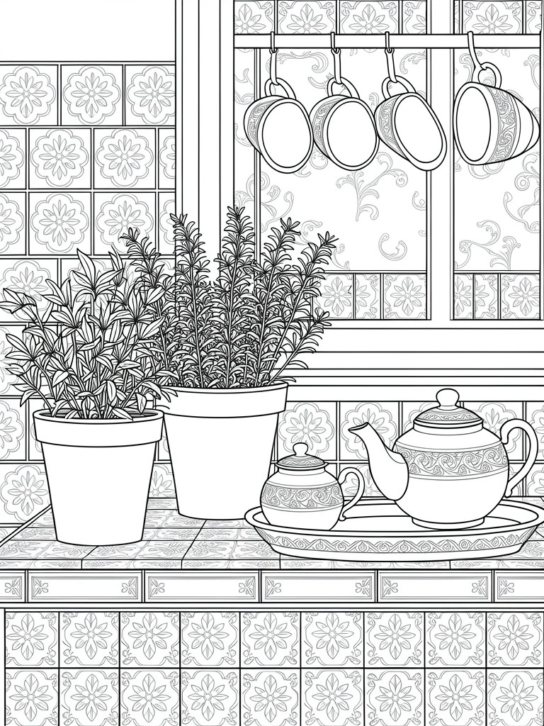 Line drawing of kitchen windowsill holding potted rosemary plants, teapot, creamer on tray, hanging teacups, tiled walls, and curtained window.