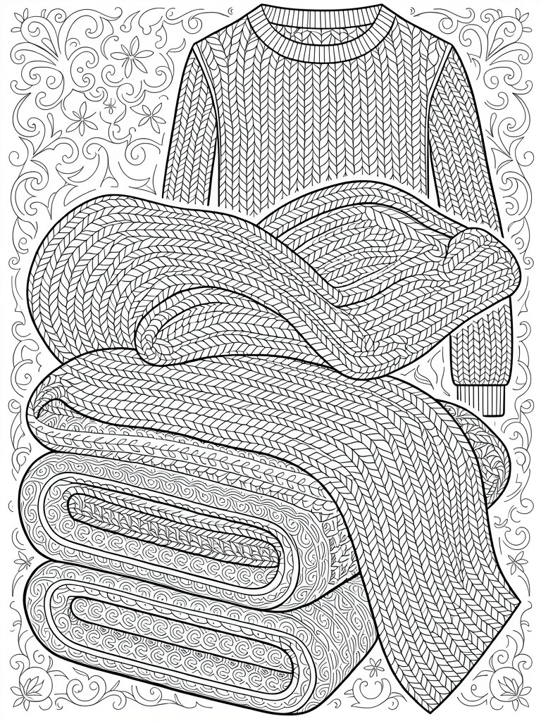 Line art of stacked folded knitted blankets topped by a draped sweater, with intricate knit patterns and ornate border swirls.