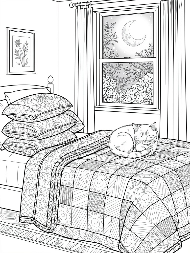 Line drawing of a bedroom with a sleeping cat on a bed beside a window showing a moon and night landscape.
