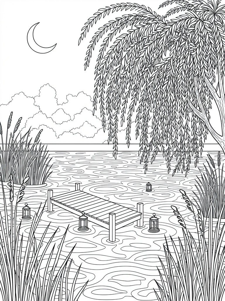 Line drawing of a nighttime lake scene with wooden dock, lanterns, weeping willow tree, reeds, crescent moon, and clouds.