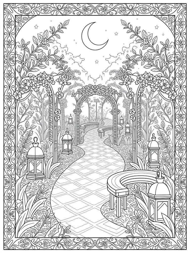 Line art coloring page of a winding path through floral arches with lanterns, bench, and crescent moon in a garden under starry sky.