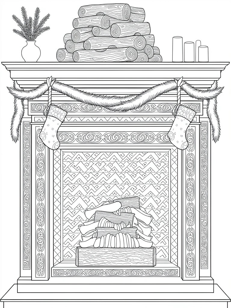 Line drawing of an ornate fireplace mantel decorated with Christmas garlands, stockings, candles, firewood stack, and swirling patterns.