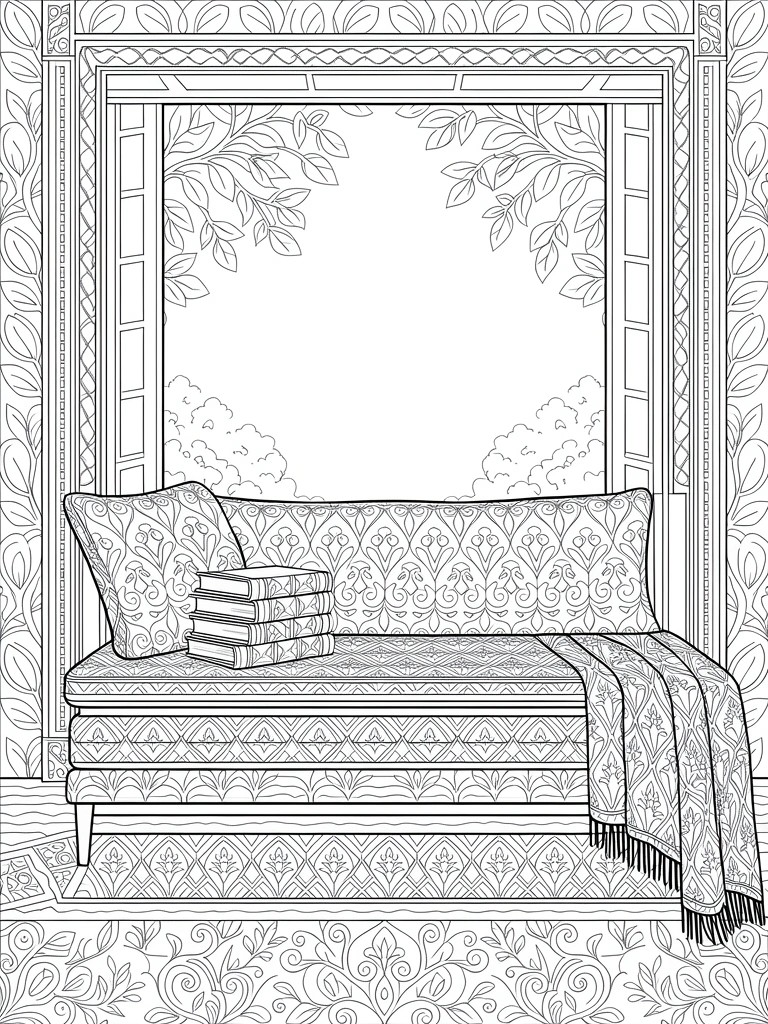 Line art of a cushioned window seat with books, blanket, pillows, and intricate floral patterns around an open window.