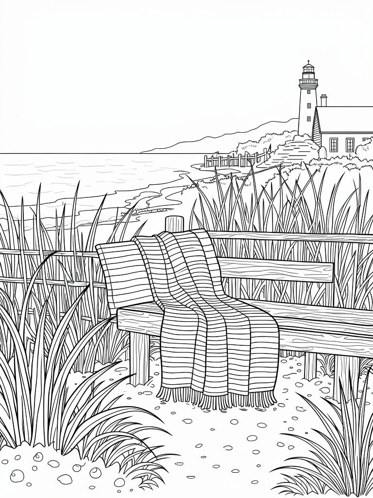 Black line drawing of wooden bench with striped blanket in seaside grasses by ocean shore with lighthouse on distant cliff.