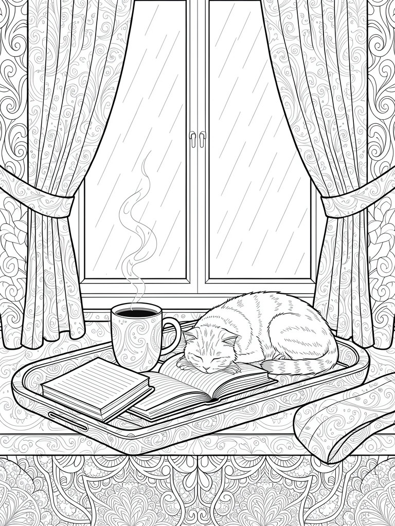 Line drawing of a sleeping tabby cat on a tray with mug and books on a windowsill next to a rainy window with ornate curtains and borders.
