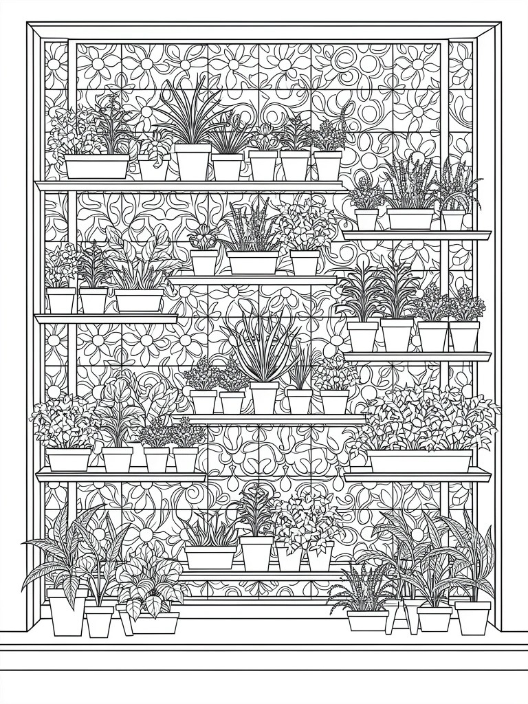 Line art of a tall ornate shelving unit holding numerous potted plants with decorative lattice patterns.