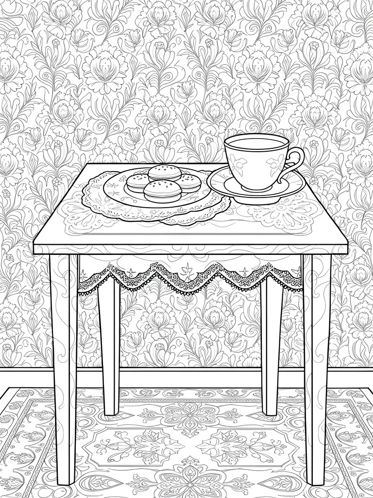 Line drawing of a table with teacup, saucer, macarons on doily, floral wallpaper, and patterned rug.