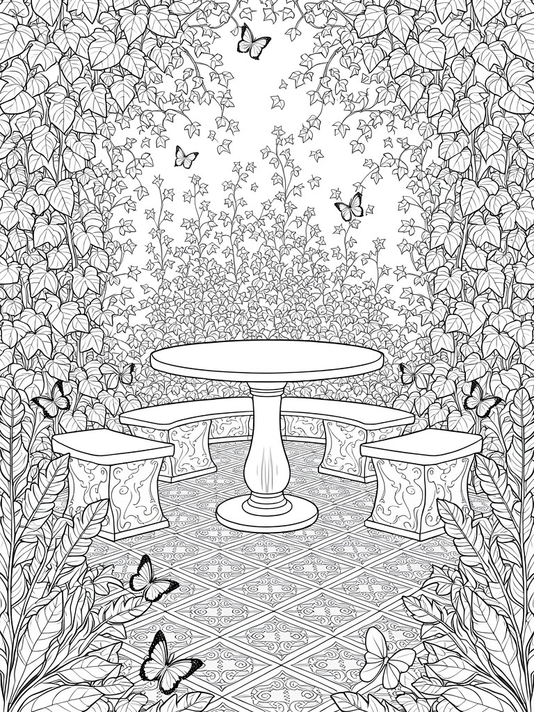 Line art coloring page of an arched vine entrance framing a round table with benches, surrounded by leaves, butterflies, and starry flowers on a tiled floor.