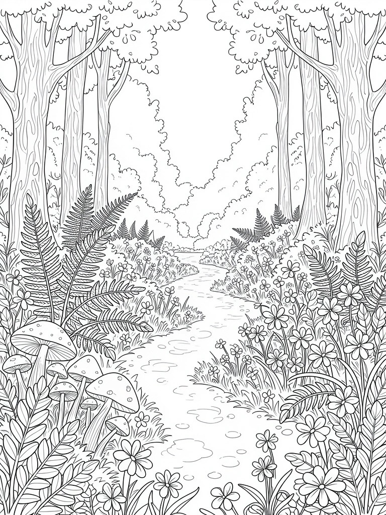 Black line art of a winding path through a forest with trees, ferns, mushrooms, and flowers on both sides.