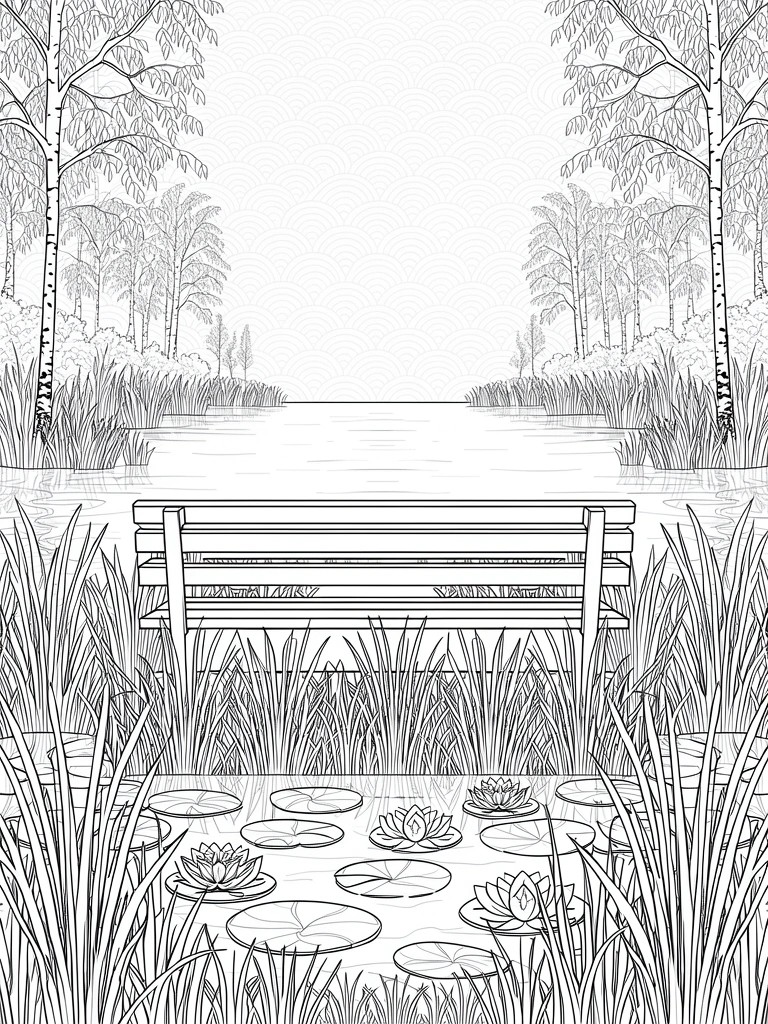 Black and white line drawing of a bench facing a stream with birch trees, reeds, water lilies, and grasses.