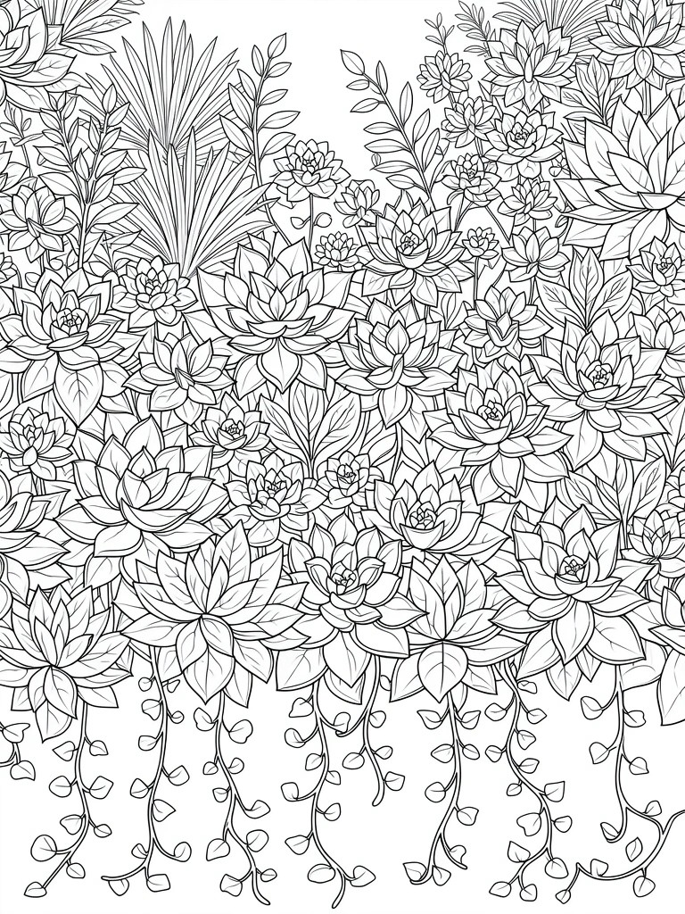 Line drawing of densely clustered succulents with varied leaves and hanging vines at the bottom.