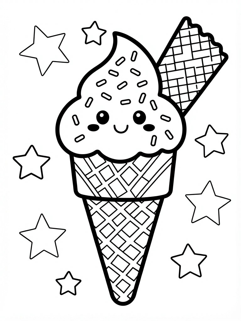 Black outline coloring page of a kawaii ice cream cone with happy face, sprinkles, wafer stick, waffle texture, and surrounding stars.