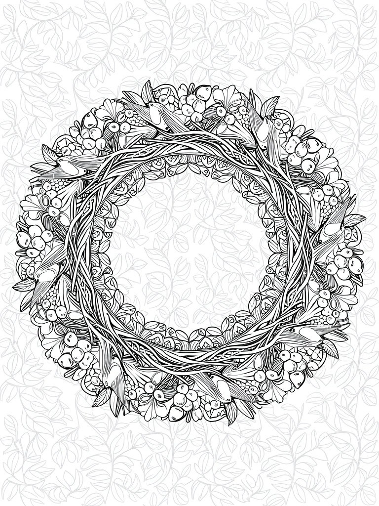 Black and white line drawing of a symmetrical circular wreath with twigs, holly leaves, berries, and two birds.