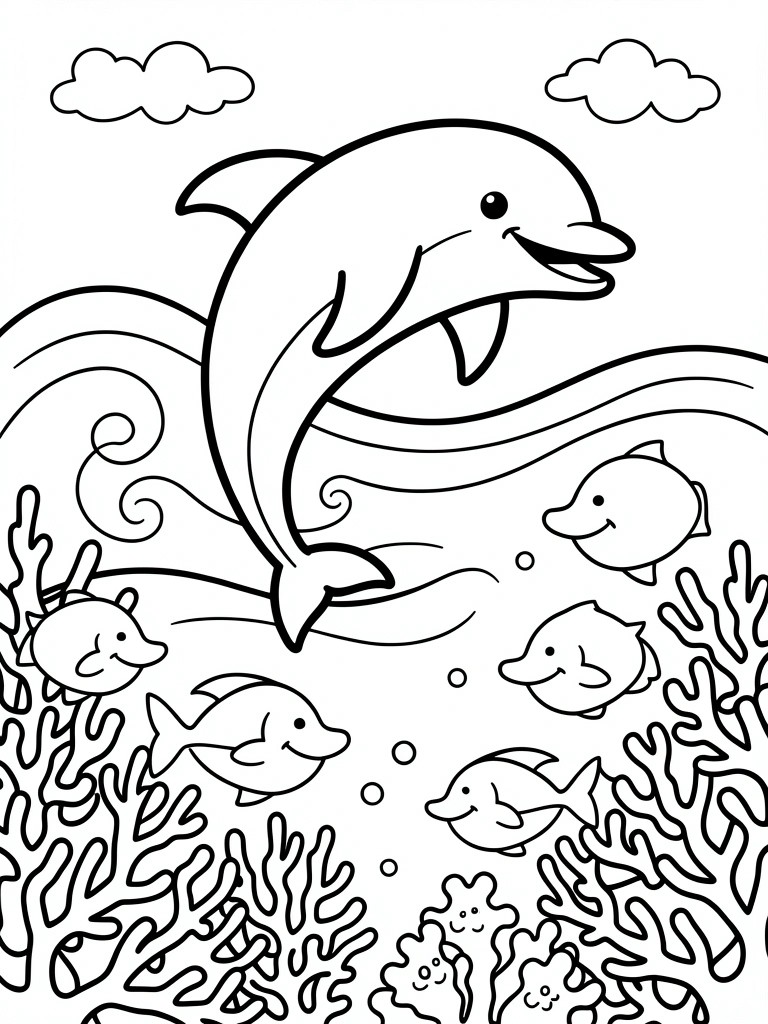 Black and white line drawing of a smiling dolphin jumping above wavy ocean water with fish, coral, and bubbles below.