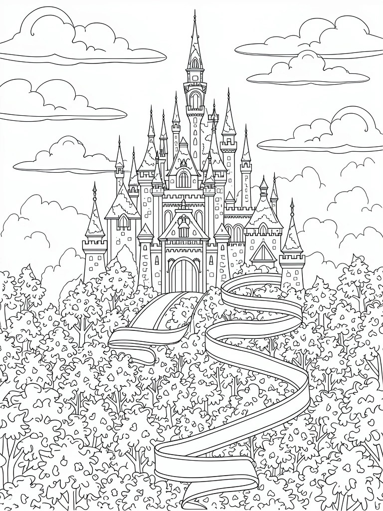 Line drawing of a tall multi-turreted castle centered above a winding path through dense trees, under a cloudy sky.