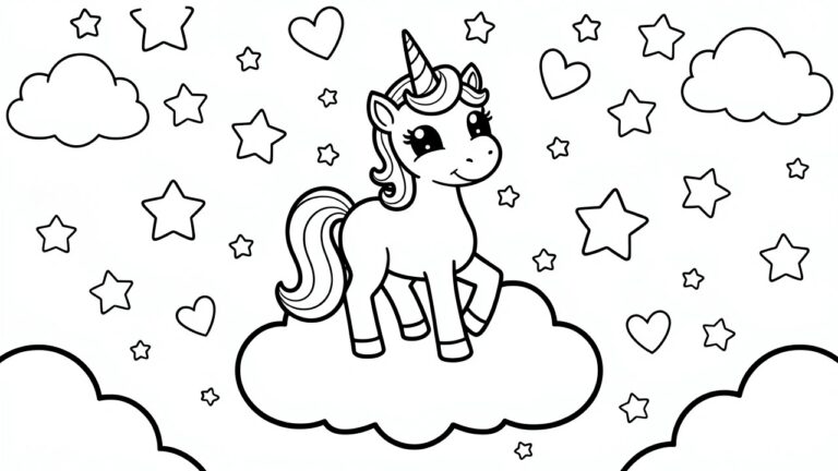 22 Lovely Coloring Book Pages Worth Printing Black and white line drawing of a cartoon unicorn standing on a cloud surrounded by stars and hearts.