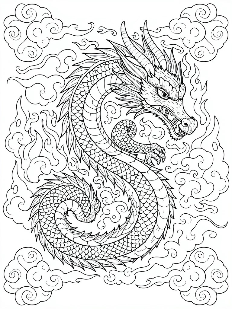 Black line art of a coiled Chinese dragon with flames and clouds in a framed design.