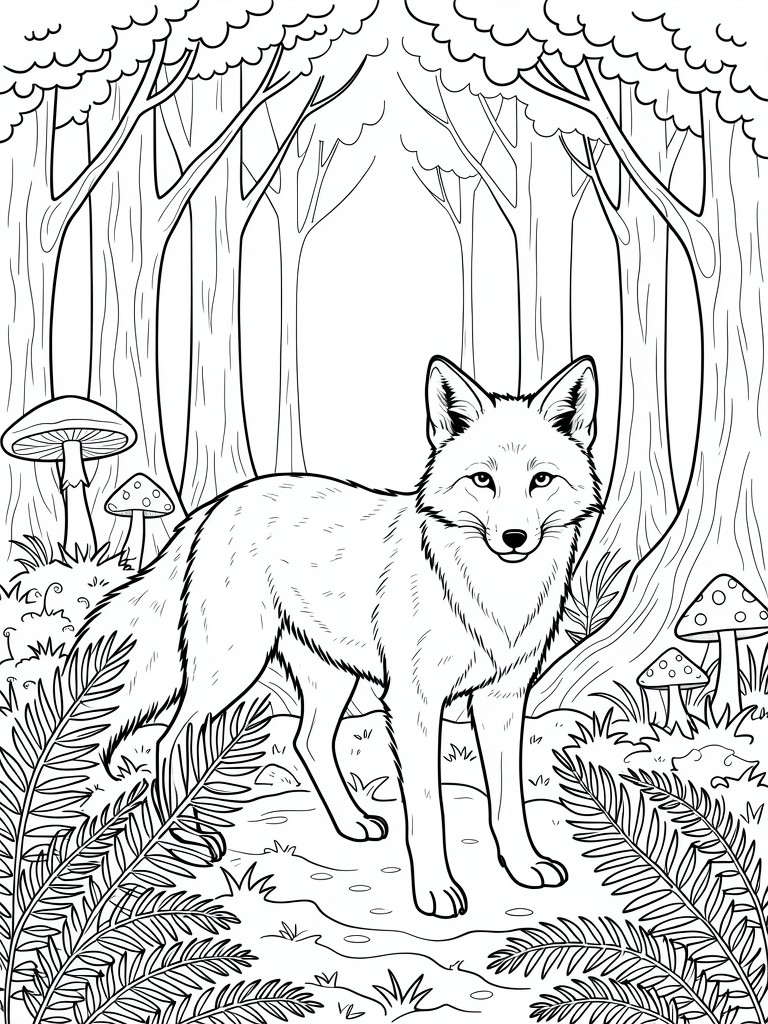 Line art coloring page of a fox standing in a forest with arched trees, mushrooms, ferns, and undergrowth.