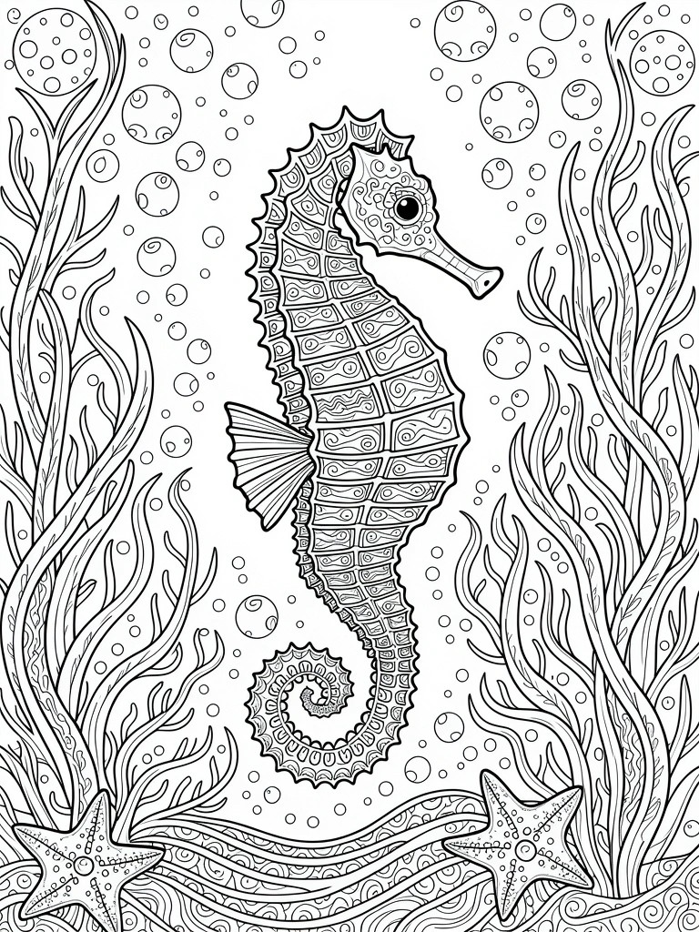 Line drawing of a patterned seahorse surrounded by seaweed, bubbles, starfish, and wavy ocean lines.