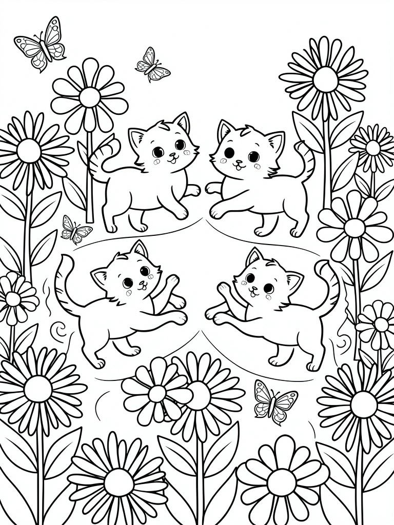 Line drawing of four outlined kittens arranged in a circle amid daisies and butterflies.