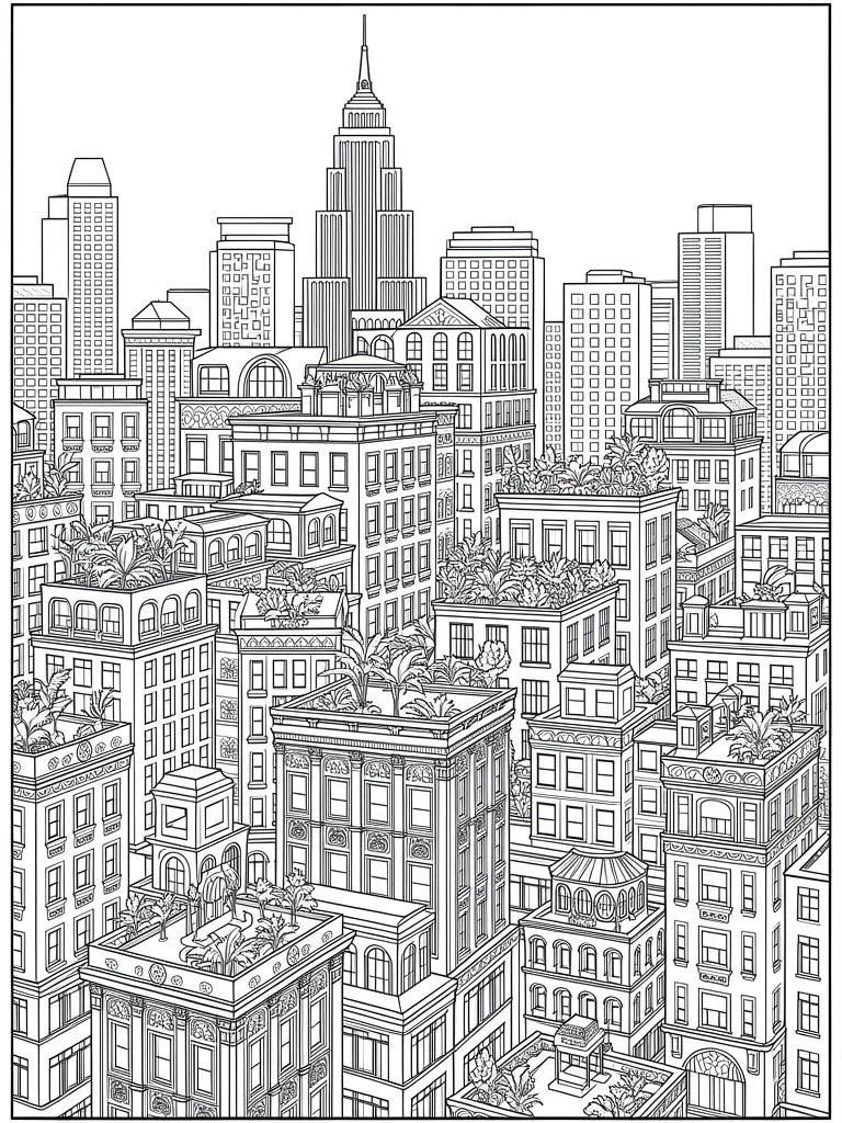 Black line drawing of a detailed New York City skyline viewed from above, with buildings covered in rooftop gardens and plants.