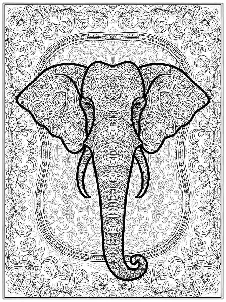 Black and white line drawing of a detailed elephant head in mandala style with floral borders and ornate frame.