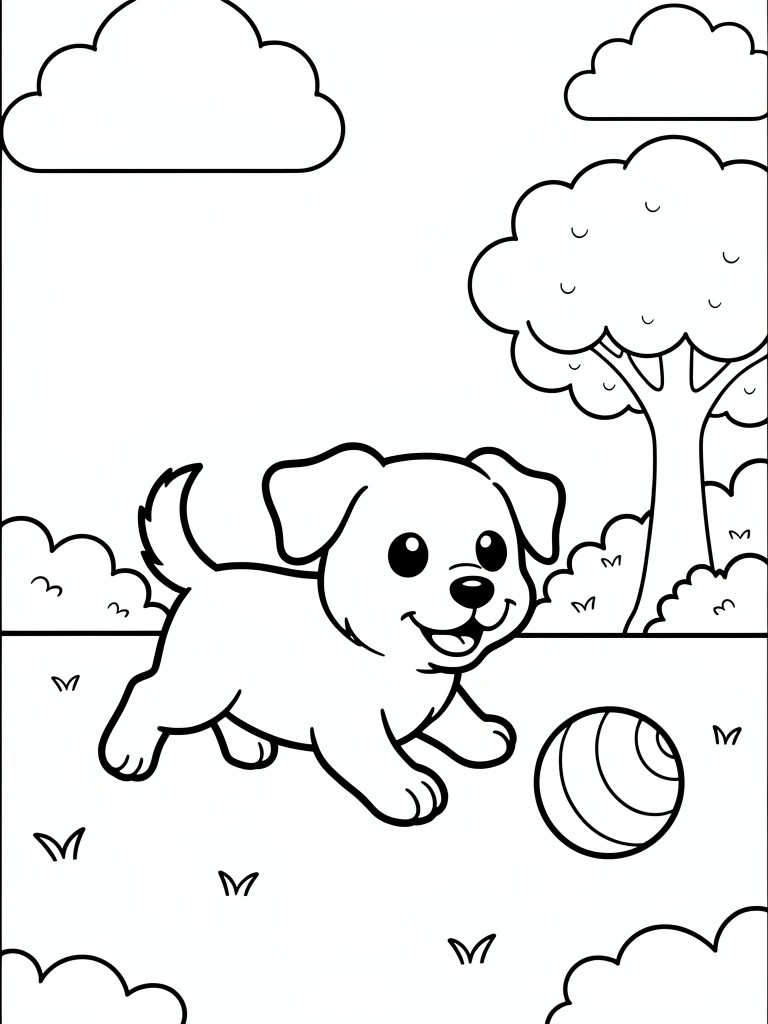 Line art coloring page of a cute puppy running after a striped ball in a park with grass, tree, bushes, and clouds.