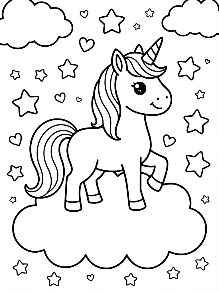 Black and white line drawing of a cartoon unicorn standing on a cloud surrounded by stars and hearts.