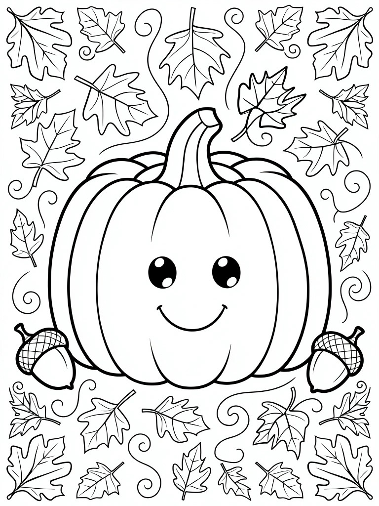 Black line art of a cute smiling pumpkin with eyes, surrounded by acorns and swirling autumn leaves.