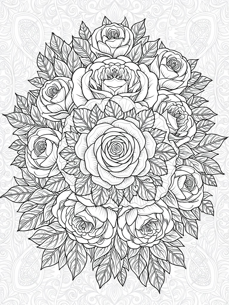 Black and white line drawing of a circular rose bouquet with detailed petals, leaves, and paisley background patterns.