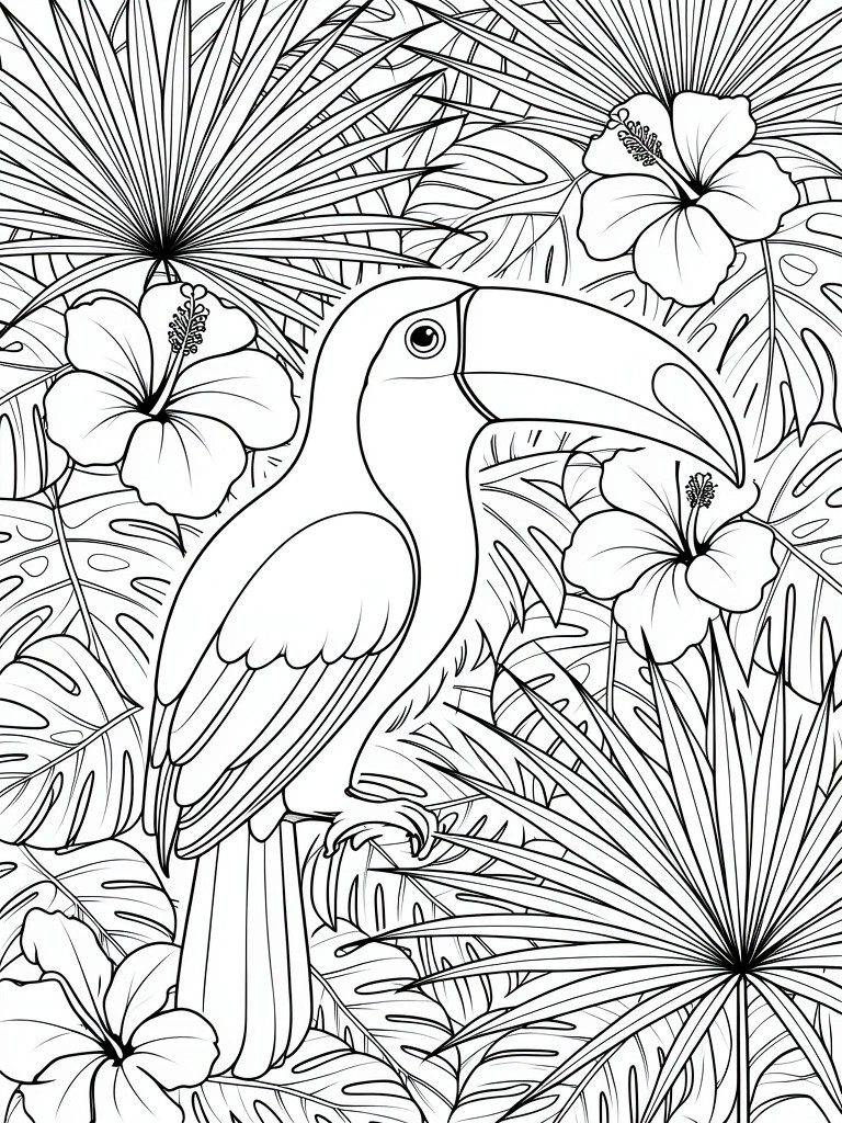Line art of a toucan bird amid large leaves, ferns, and hibiscus flowers.