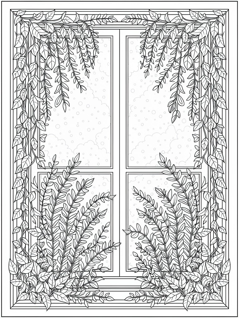 Line drawing of a rectangular window with four panes surrounded by intricate vines and leaves, speckles inside the panes.
