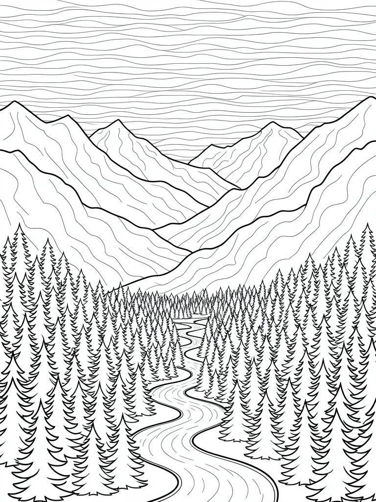Line drawing of a river winding through pine trees in a mountain valley with patterned peaks.