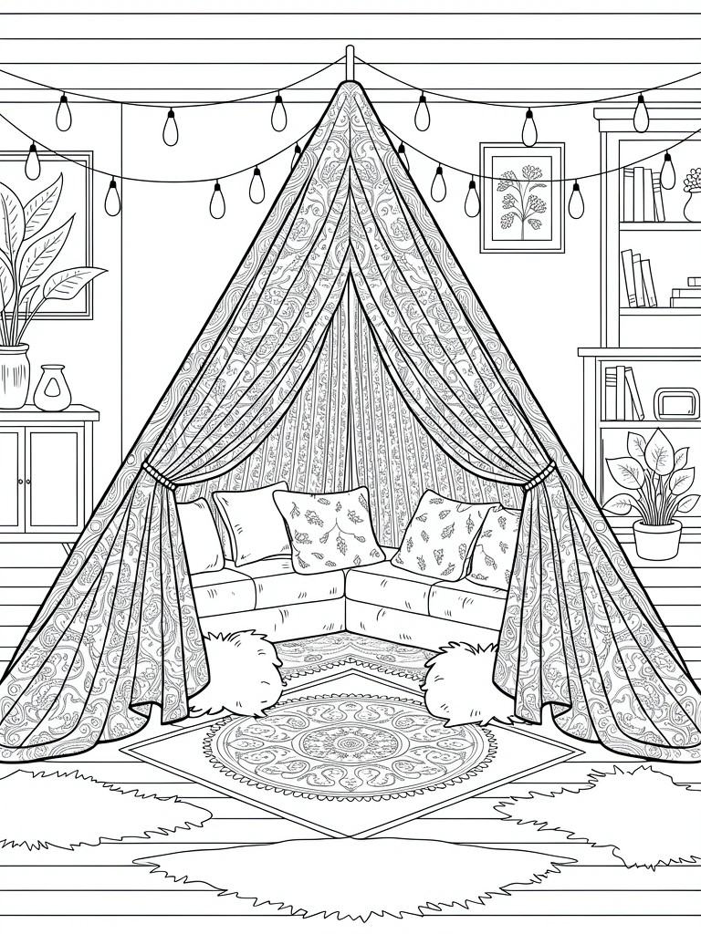 Line drawing of a fabric-draped tent inside a room with pillows, rug, plants, bookshelves, pictures, and string lights.