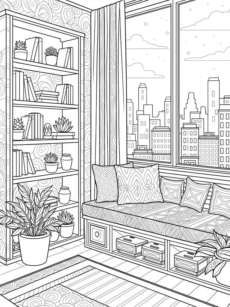 Line art coloring page of a room corner with bookshelves, plants, patterned pillows on a window seat, and a city skyline visible through the windows.