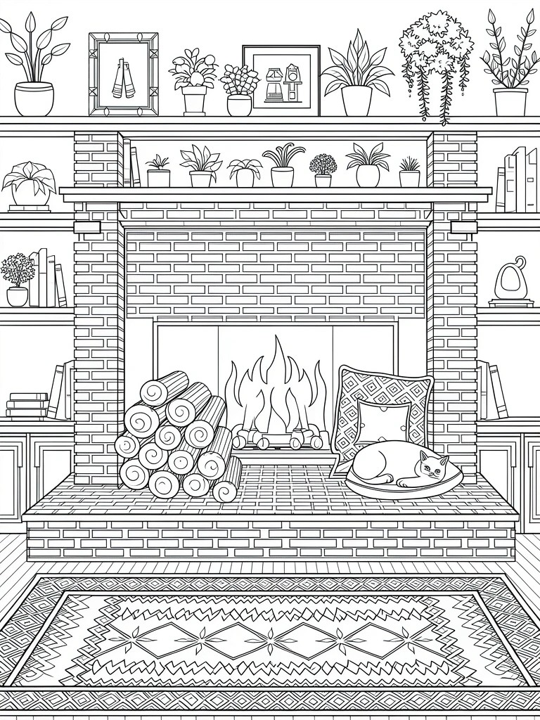 Line art of a brick fireplace with fire and logs, sleeping cat on pillow, plant-filled shelves with books, and patterned rug on floor.