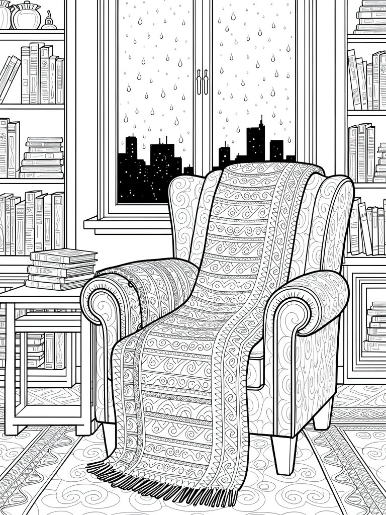 Line art coloring page of armchair with blanket in bookshelves-lined room facing rainy window with city skyline.