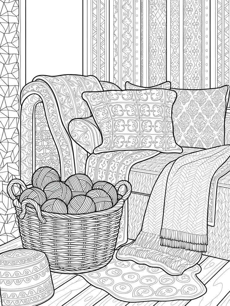 Line art coloring page of a room corner with patterned armchair, pillows, blanket, yarn basket, stool, rug, and curtains.
