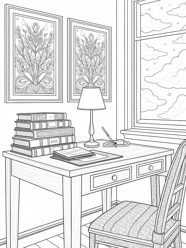 Line drawing of a room corner with wooden desk, stacked books, lamp, open journal, floral wall frames, chair, and window with clouds.