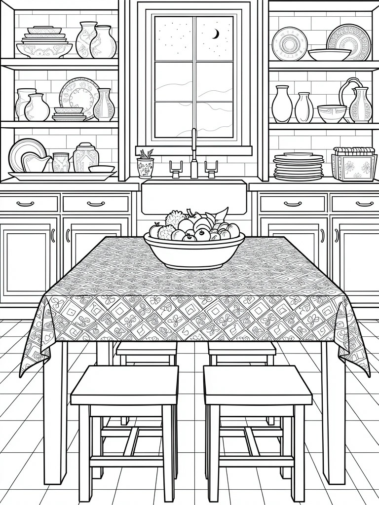 Line drawing of kitchen with dish-filled shelves, sink by moonlit window, central table holding fruit bowl on patterned cloth, chairs, and tiled floor.