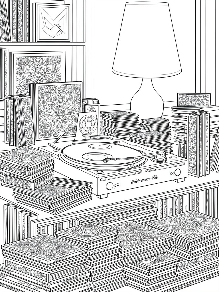 Line drawing of a detailed room scene with bookshelves, stacked vinyl records, a turntable, lamp, and mandala-patterned frames.