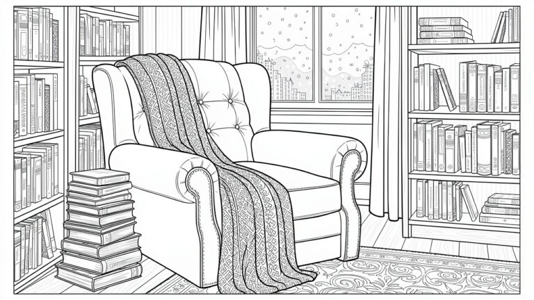 Line art coloring page of armchair with blanket in bookshelves-lined room facing rainy window with city skyline.