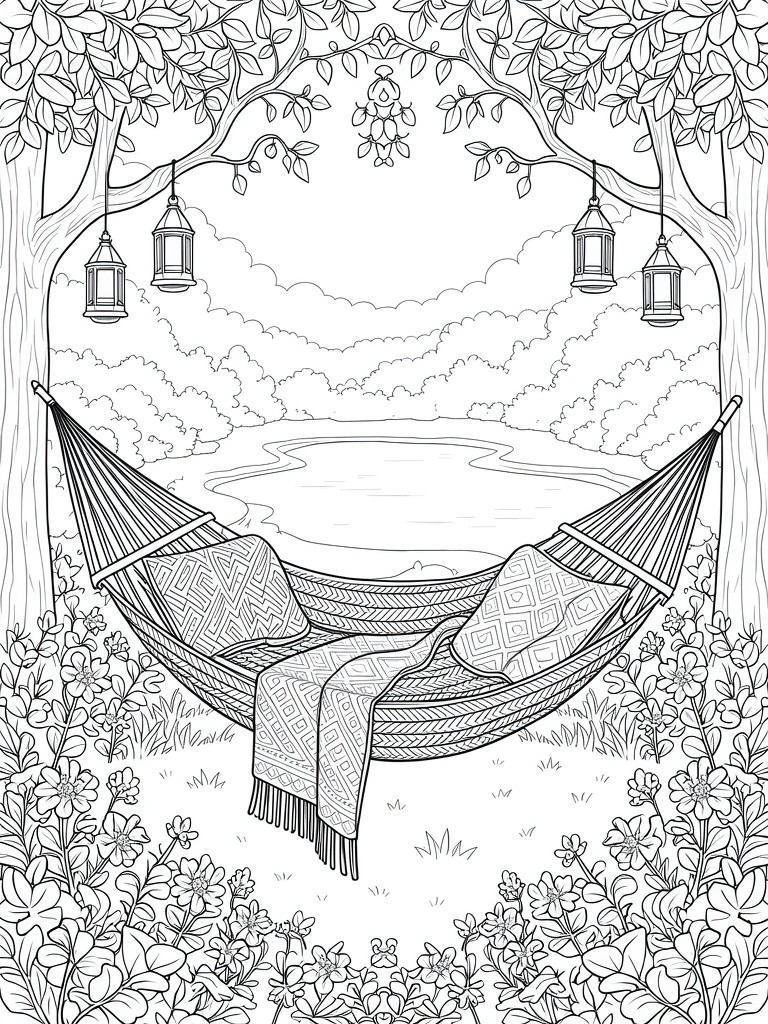 Black line art coloring page of a hammock with pillows and blanket between two trees, lanterns hanging above, flowers below, lake and woods in background.