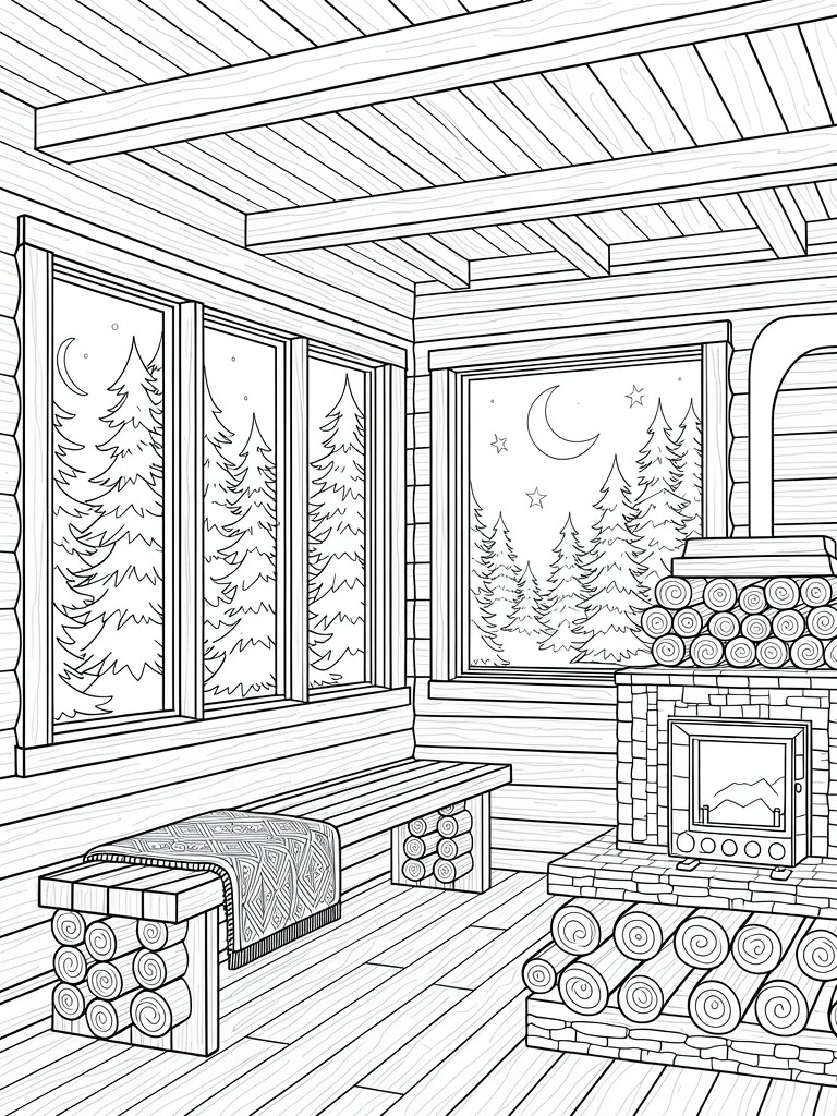 Line drawing of log cabin interior with fireplace, wood bench, and windows to snowy pine forest at night.