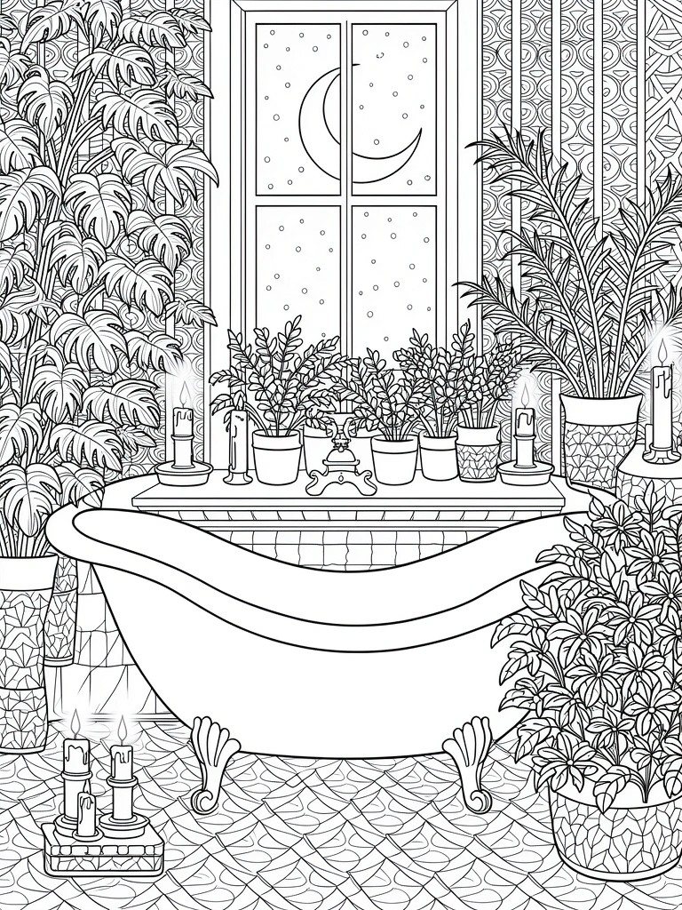 Line drawing of clawfoot bathtub in detailed bathroom with dense plants, candles, moonlit window, patterned walls and tiles.