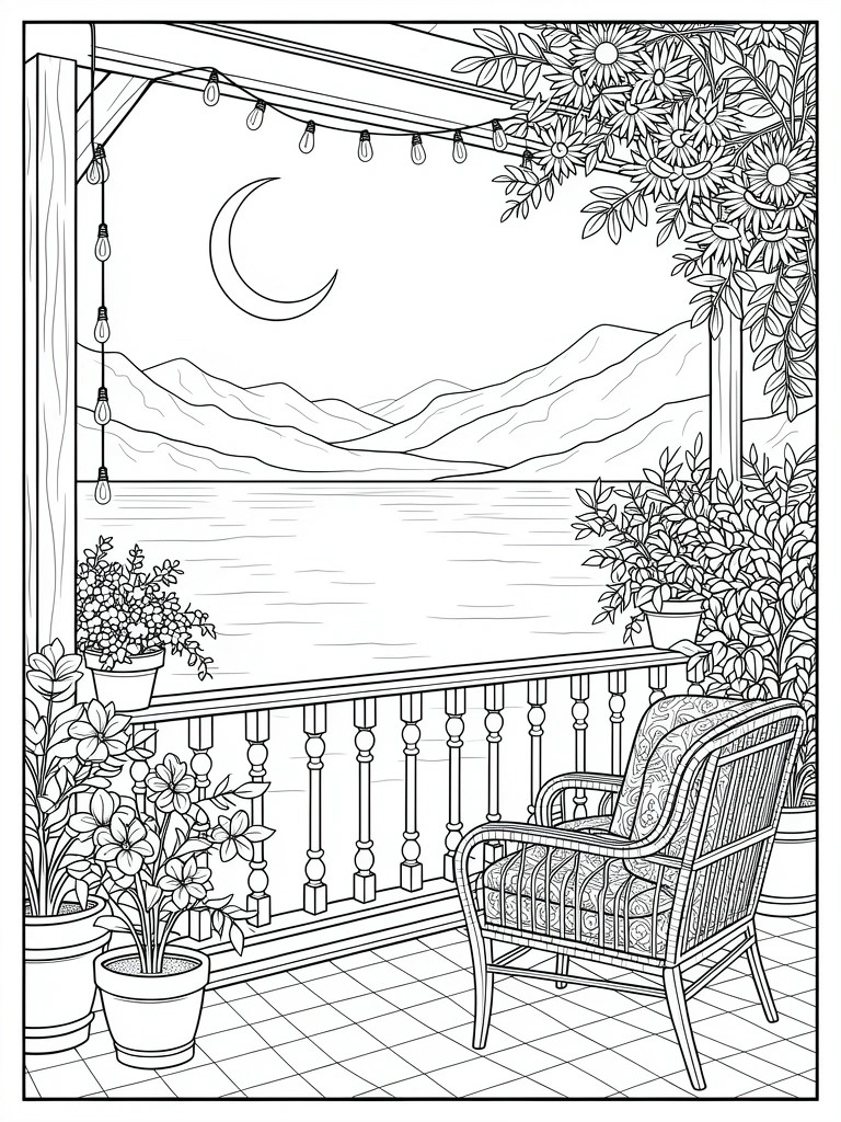 Line art of a detailed porch balcony with plants, chair, string lights, and railing overlooking a lake, mountains, and crescent moon.