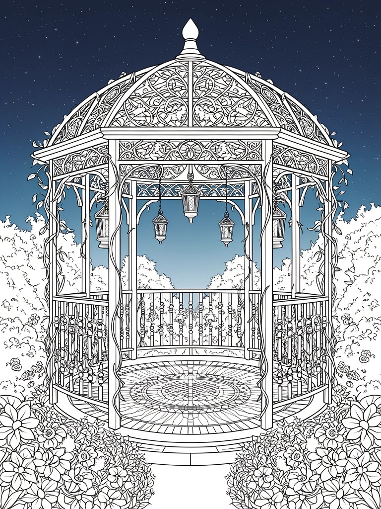 Line art of a detailed gazebo with lanterns and surrounding bushes under a starry sky.