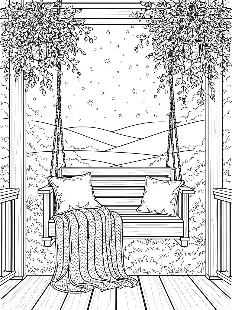 Line drawing of porch swing on wooden deck with hanging plants, pillows, blanket, starry sky, snowflakes, and distant hills.